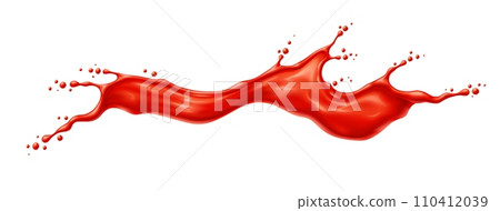 Red wave of tomato juice or ketchup sauce splash in long flow spill, realistic vector. Red paint, wine or berry jam and fruit syrup wave splash with drops splatter for dessert sauce and tomato ketchup Red wave of tomato juice or ketchup sauce splash in long flow spill, realistic vector. Red paint, wine or berry jam and fruit syrup wave splash with drops splatter for dessert sauce and tomato ketchup 110412039