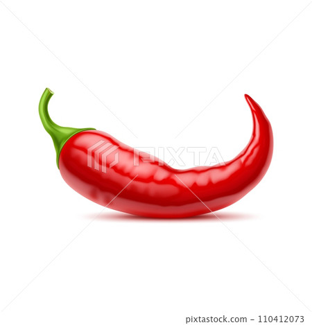 Realistic raw isolated whole chili pepper. 3d vector red pod, sleek and elongated, with curve tip, radiates heat with its smooth surface, promises a spicy culinary adventure to those daring to indulge Realistic raw isolated whole chili pepper. 3d vector red pod, sleek and elongated, with curve tip, radiates heat with its smooth surface, promises a spicy culinary adventure to those daring to indulge 110412073