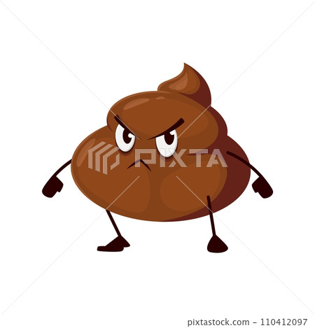 Cartoon poop emoji, angry poo excrement vector funny character. Toilet shit emoticon or smile with angry face expression or grumpy sullen and irritated comic poop for chat emoji 110412097
