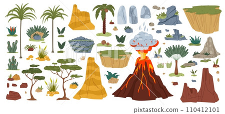 Jurassic period environment game assets, vector jungle volcano and plants, palms and rocks. Dinosaur theme cartoon game elements of volcano lava eruption, stone rocks and prehistoric green leaf plants Jurassic period environment game assets, vector jungle volcano and plants, palms and rocks. Dinosaur theme cartoon game elements of volcano lava eruption, stone rocks and prehistoric green leaf plants 110412101