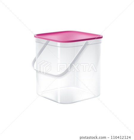 Realistic plastic bucket, container or bin. Isolated 3d vector transparent empty pail with handle and pink lid. Empty square package template for storage of foodstuff, paint or plaster, front view 110412124
