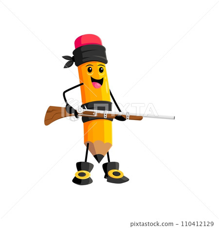 Cartoon pencil school supply pirate and corsair character with rifle in hands. Isolated vector Captain Sketch adventurous writing tool personage. Daring rover creating artful mischief in the high seas Cartoon pencil school supply pirate and corsair character with rifle in hands. Isolated vector Captain Sketch adventurous writing tool personage. Daring rover creating artful mischief in the high seas 110412129