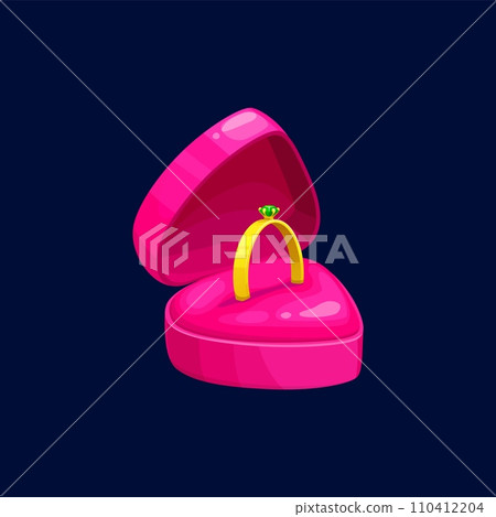 Cartoon wedding ring gleaming with green gemstone. Vector jewelry item, nestled in an elegant, velvet, pink, heart-shaped open box, a symbol of eternal commitment and love, promise lifetime together Cartoon wedding ring gleaming with green gemstone. Vector jewelry item, nestled in an elegant, velvet, pink, heart-shaped open box, a symbol of eternal commitment and love, promise lifetime together 110412204