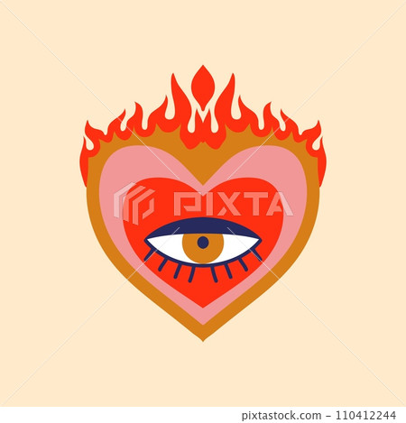 Mexico sacred heart vintage tattoo. Mexican decoration, Christian religion God heart spiritual tattoo or vector patch. Latin America culture love symbol with flame and eye 110412244