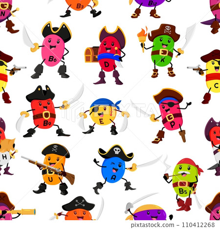 Cartoon micronutrient pirate or corsair characters seamless pattern. Vector vitamins, food supplement capsule buccaneers with happy faces and swords repeated ornament. nutritional element personages Cartoon micronutrient pirate or corsair characters seamless pattern. Vector vitamins, food supplement capsule buccaneers with happy faces and swords repeated ornament. nutritional element personages 110412268