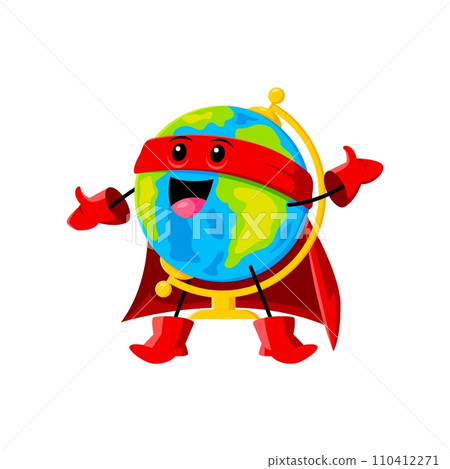 Cartoon globe school supply superhero and defender character. Isolated vector charming spherical map personage is here to make geography exciting and fun for kids with adventures around the world 110412271
