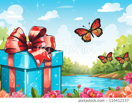 Festive cute illustration of huge gift box with bow against backdrop of spring or summer landscape with flying butterflies. Festive cute illustration of huge gift box with bow against backdrop of spring or summer landscape with flying butterflies. 110412537