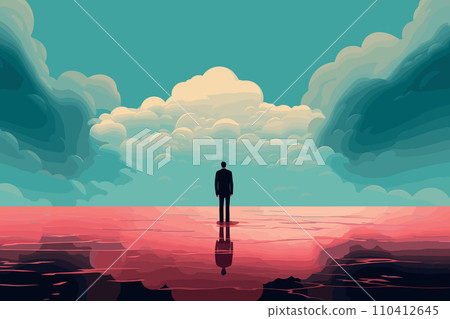 AI-generated content. man stand under big rainy cloud vector illustration 110412645