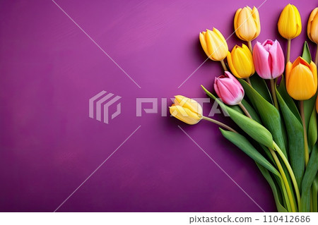 AI-generated content. colorful tulips on clean purple background copy space 110412686