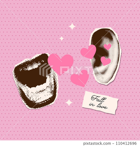 Halftone collage Valentine's day greeting card. Open female lips with flying hearts to ear. Crazy vector template in dotted zine style, contemporary design art. Send a romantic message of love. 110412696