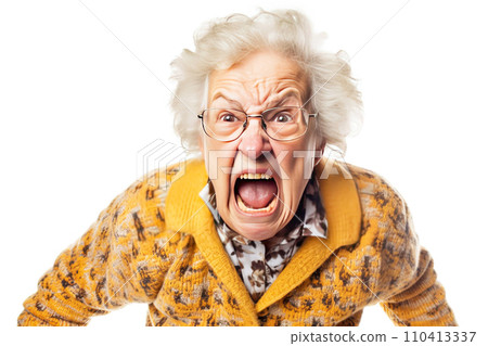 Portrait of angry senior woman pointing at camera. Isolated on white background, AI generated 110413337