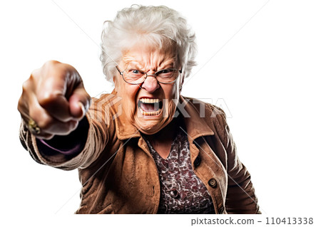 Portrait of angry senior woman pointing at camera. Isolated on white background, AI generated Portrait of angry senior woman pointing at camera. Isolated on white background, AI generated 110413338
