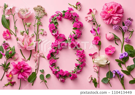International Women's Day. Banner, flyer, beautiful postcard for March 8. Flowers and butterflies in the shape of the number eight on a pink background. International Women's Day. Banner, flyer, beautiful postcard for March 8. Flowers and butterflies in the shape of the number eight on a pink background. 110413449