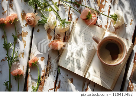 Blank open notebook on wooden rustic background with cup of coffee 110413492