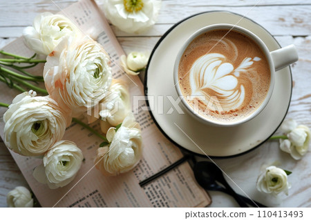Blank open notebook on wooden rustic background with cup of coffee 110413493