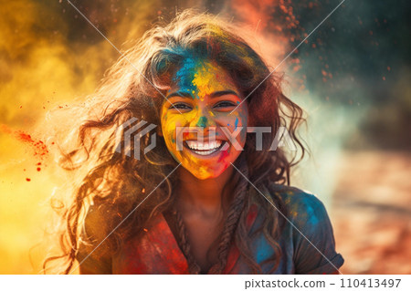 Portrait of young woman in colorful powder on indian street, Holi festival Portrait of young woman in colorful powder on indian street, Holi festival 110413497