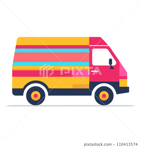 A colorful striped delivery van is stationary in this vector illustration. 110413574