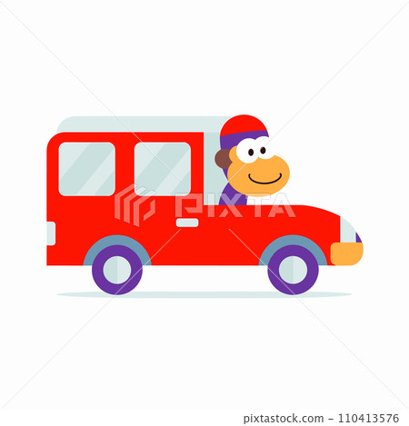 A cute monkey is driving a red bus in a simple cartoonish vector illustration. 110413576