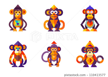 Six colorful monkeys are displayed in a bold vector illustration. 110413577