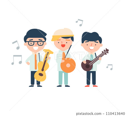 Three cartoon characters are playing musical instruments in a vector illustration 110413640