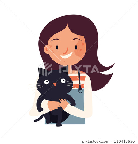 A girl is holding a happy black cat in this colorful vector illustration. A girl is holding a happy black cat in this colorful vector illustration. 110413650