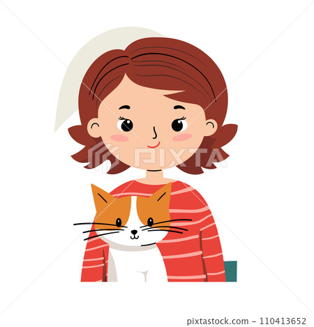 A cute girl hugs a playful orange cat in this charming vector illustration. A cute girl hugs a playful orange cat in this charming vector illustration. 110413652