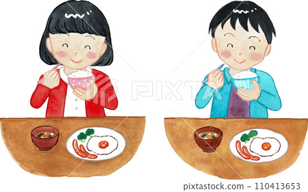 Elementary school students having breakfast in watercolor Elementary school students having breakfast in watercolor 110413653