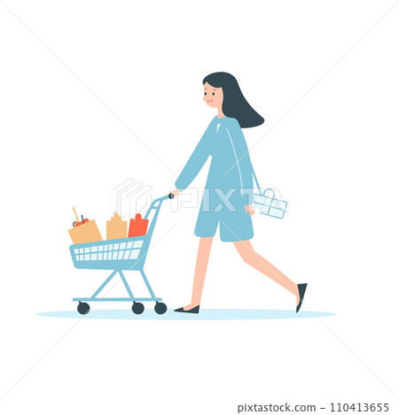 A woman is walking with a shopping cart full of groceries in a vector illustration. 110413655
