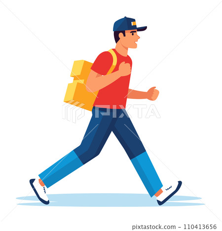 A delivery man with a backpack is briskly walking in a red shirt and cap, vector illustration. 110413656