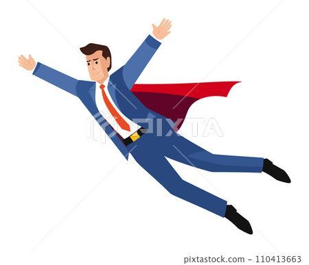 A businessman with a cape is flying heroically in a vector illustration A businessman with a cape is flying heroically in a vector illustration 110413663
