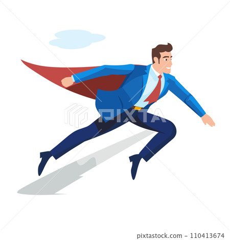 A businessman with a superhero cape is flying swiftly upwards in this vector illustration A businessman with a superhero cape is flying swiftly upwards in this vector illustration 110413674