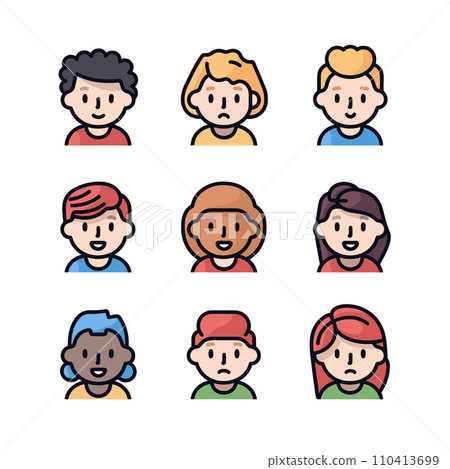 A collection of nine colorful cartoon avatars representing diverse people in a vector illustration. 110413699