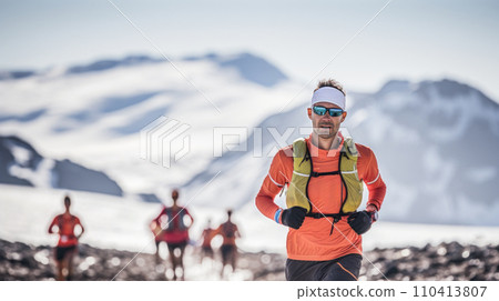 AI-generated content. Young man in sportswear running on snowy mountains. Cross-country running marathon. 110413807