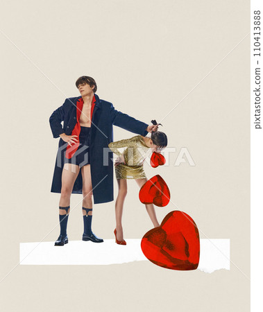 Contemporary art collage. Young girl vomits with red crystals in shape of heart and guy holds her hair. Concept of manifestations of love, Valentines Day. Contemporary art collage. Young girl vomits with red crystals in shape of heart and guy holds her hair. Concept of manifestations of love, Valentines Day. 110413888