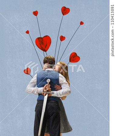 Contemporary art collage. Young woman, whispering about love to her boyfriend who holding sword behind his back. Concept of Valentines Day. 110413891