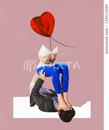 Contemporary art collage. female body in clothes and balloon in shape of heart instead of head covered her beloved boyfriend eyes with foots. Concept of Valentines Day. Contemporary art collage. female body in clothes and balloon in shape of heart instead of head covered her beloved boyfriend eyes with foots. Concept of Valentines Day. 110413894