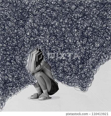 Contemporary art collage. Young girl sits in fog of scribbles symbolizing her obsessive negative thoughts and attitudes. 110413921