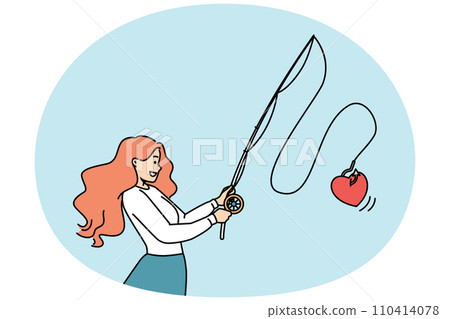 Smiling woman with rod with heart on hook Smiling woman with rod with heart on hook 110414078