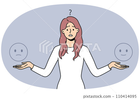 Confused young woman doubt about customer feedback Confused young woman doubt about customer feedback 110414095