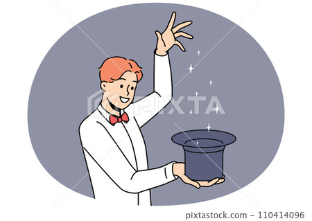 Smiling magician with hat showing trick 110414096