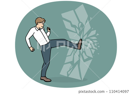 Motivated businessman break wall barrier Motivated businessman break wall barrier 110414097
