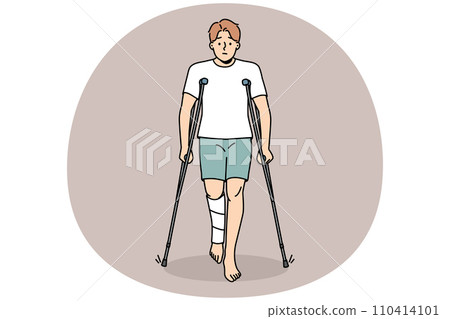 Young man with leg injury walk on crutches Young man with leg injury walk on crutches 110414101
