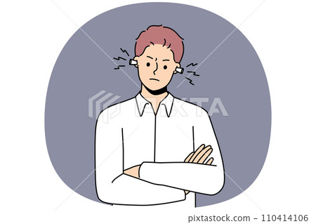 Unhappy man with earplugs from noise 110414106