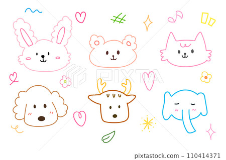 Cute face animal hand drawn doodle for element illustration and kid. Rabbit, bear, elephant, dog, cat and deer. 110414371