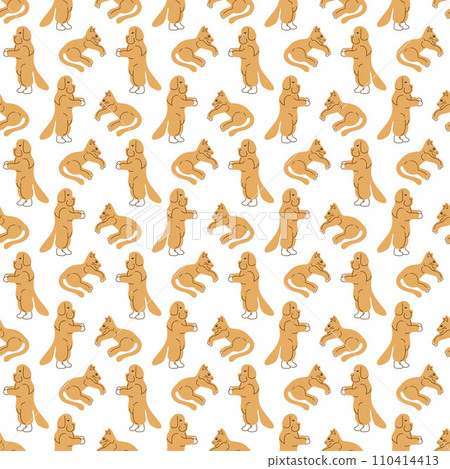 Cat, dog doodle. Seamless pattern with cute abstract cat and Newfoundland. Great for wrapping paper.  110414413