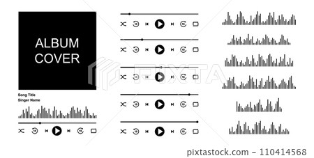 Music mp3 player interface with album cover frame, buttons, progress bar and equalizer. Simple song track template creator with elements. Audio playback design on mobile app 110414568