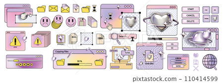 Retro computer window sticker set, vector 90s web old interface background frame, PC screen icon. Retro computer window sticker set, vector 90s web old interface background frame, PC screen icon. 110414599