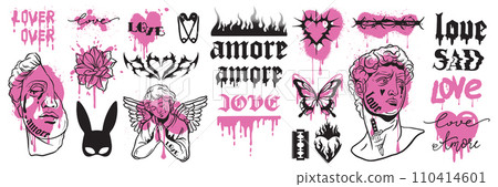 Y2k love tattoo sticker set, gothic heart icon, vector 90s vintage glam Valentine Day, angel. Y2k love tattoo sticker set, gothic heart icon, vector 90s vintage glam Valentine Day, angel. 110414601
