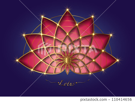 Red Lotus flower, sacred geometry mandala, stylized circular ornament, golden line art floral logo. Flower blossom symbols of yoga, spa, beauty salon, cosmetics, relax, brand style. Vector isolated 110414656