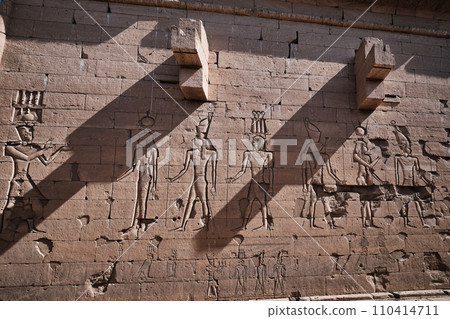 The Temple of Kalabsha (Temple of Mandulis) in Aswan, Egypt is an ancient Egyptian temple that was originally located at Bab al-Kalabsha (Gate of Kalabsha)  50 km south of Aswan. Relief on the walls  110414711